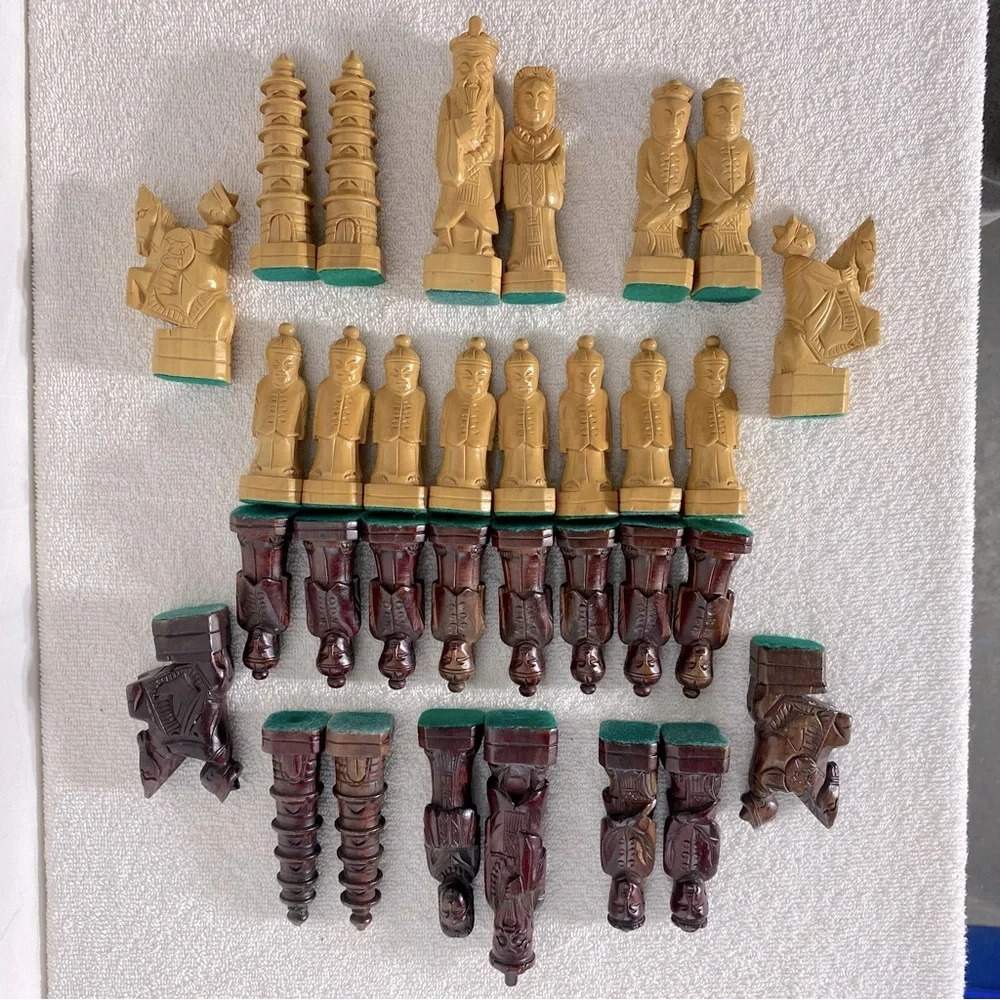Vintage Carved Wood Chess Pieces